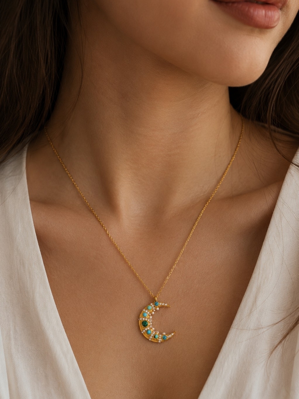 Gold Crescent Moon Necklace with Turquoise and Teal Stones